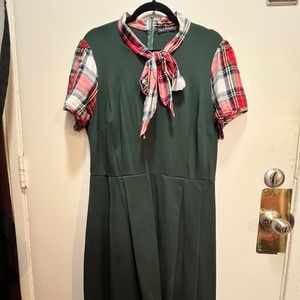 Smak Parlor Green Skater Dress with Red Plaid Sleeves and Bow
